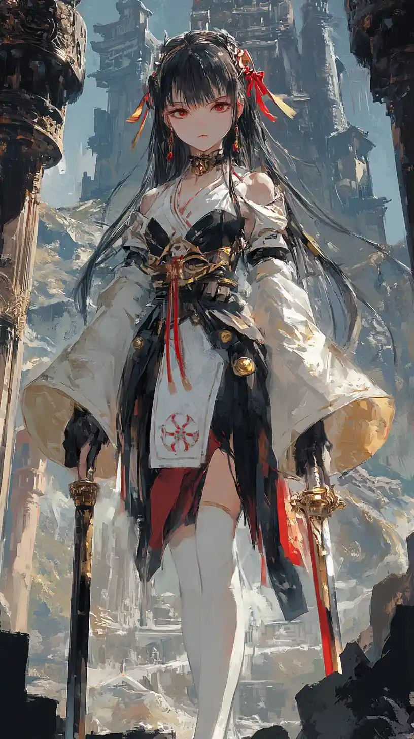 Anime girl in battle stance holding twin elemental swords