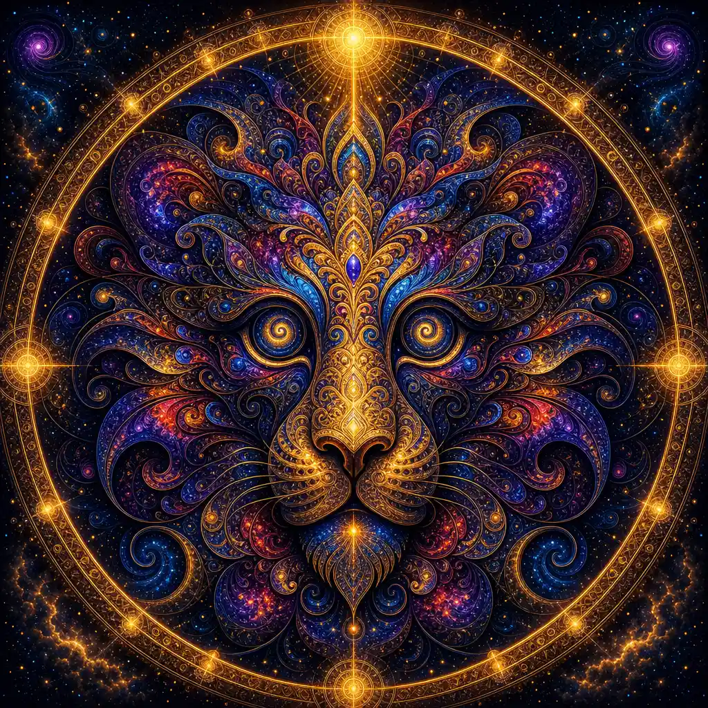 Psychedelic lion mandala with glowing cosmic symmetry