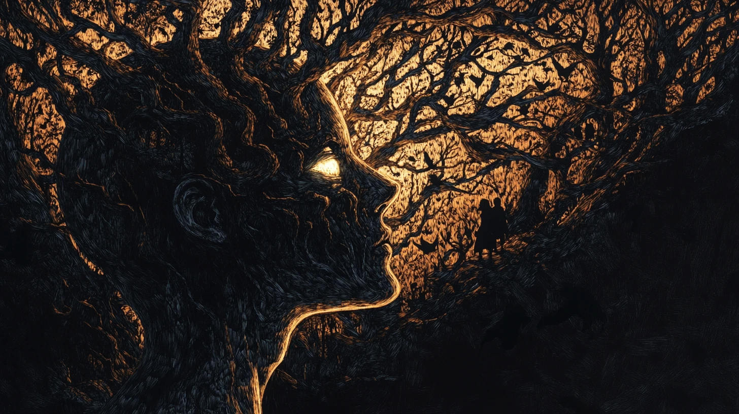 Human Silhouette Filled With Enchanted Forest And Hidden Faces