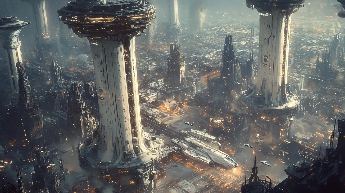 Colossal sci fi cities rising on pillars above toxic desert