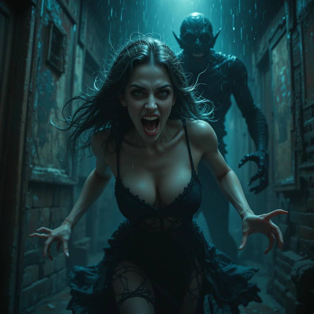 Surreal woman fleeing a looming shadow demon in darkness