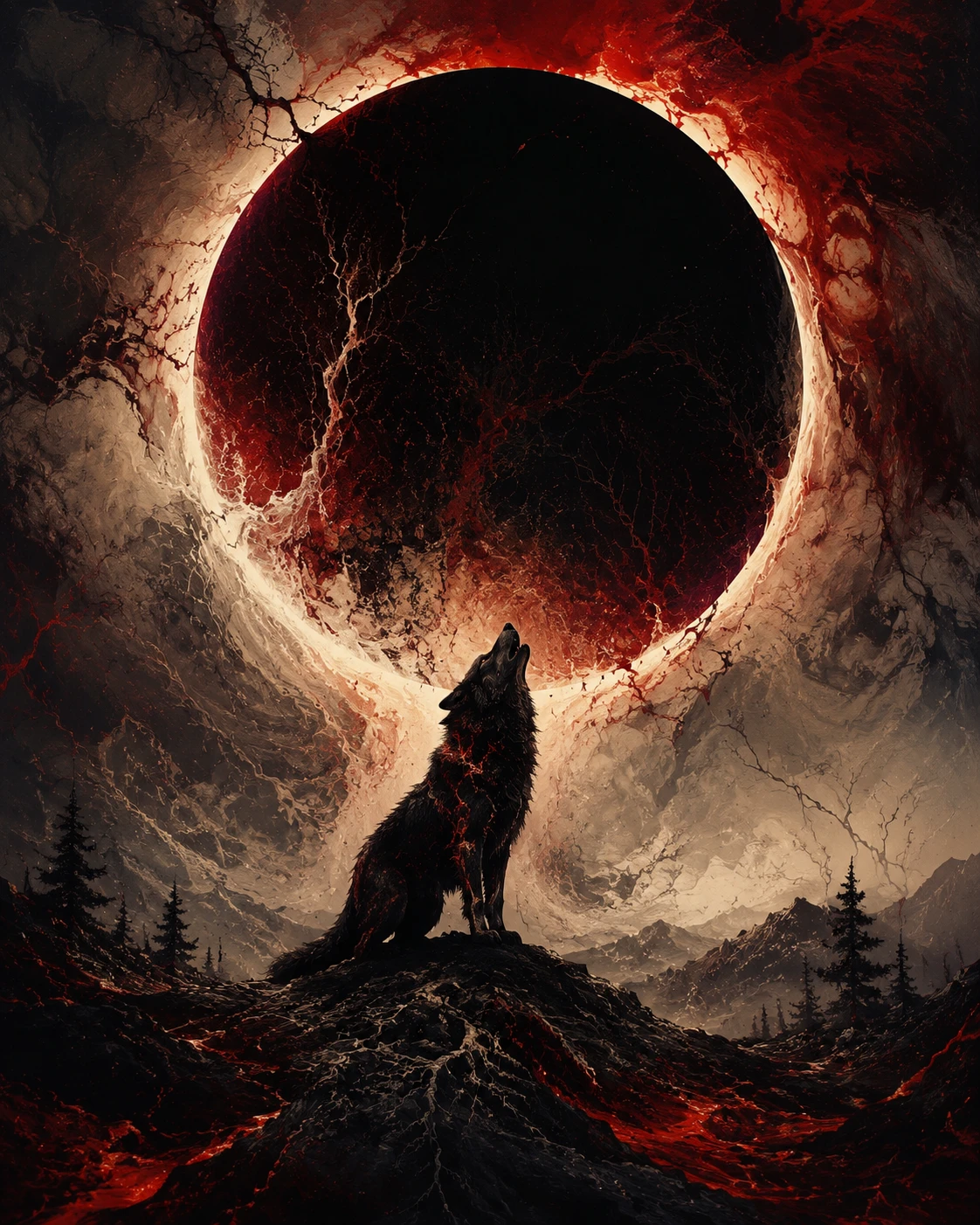 Wolf silhouette beneath a vast surreal eclipse sky