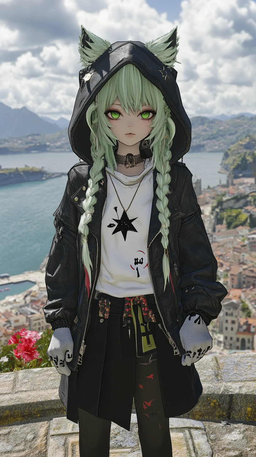 Anime girl overlooking ruined fantasy city and harbor monument