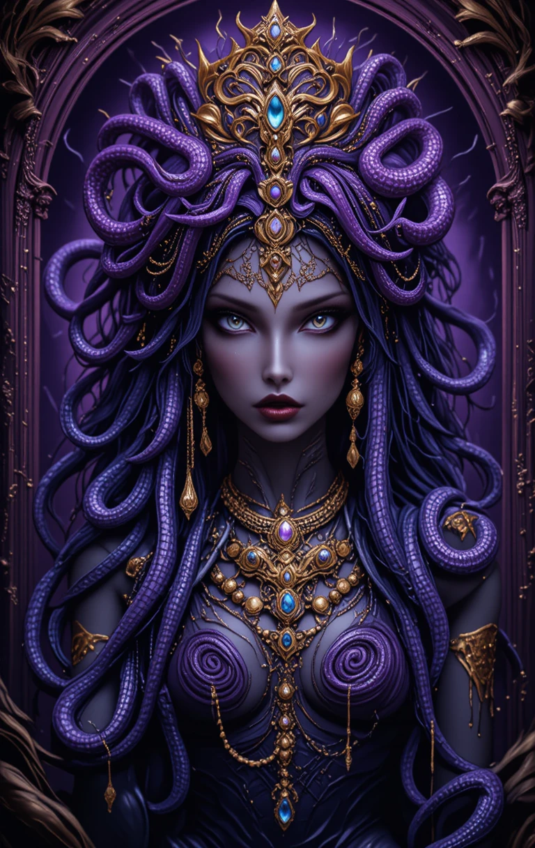 Undead gypsy pharaoh woman with slithering snakes and gold