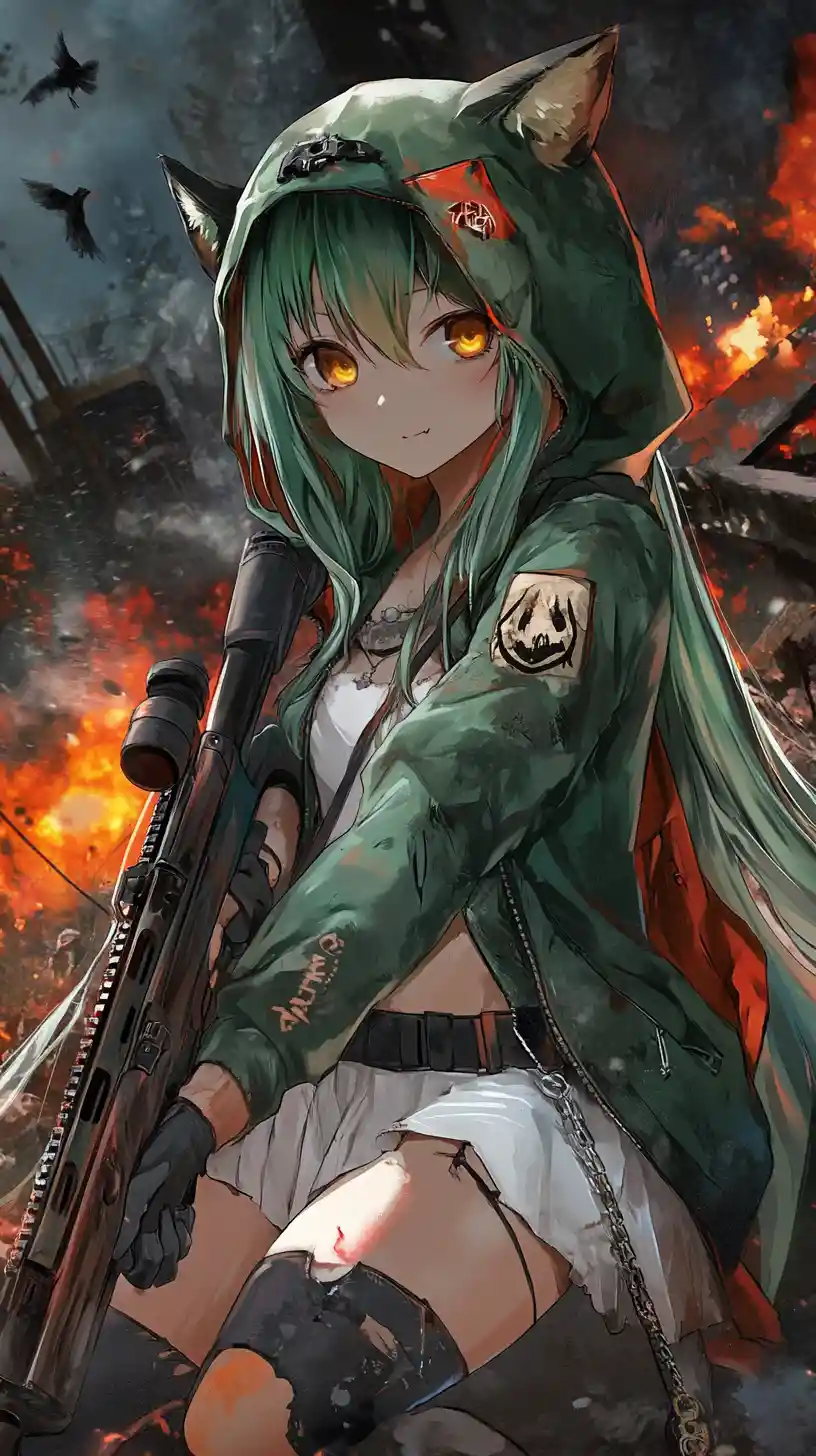 Green haired anime girl aiming rifle in burning war zone