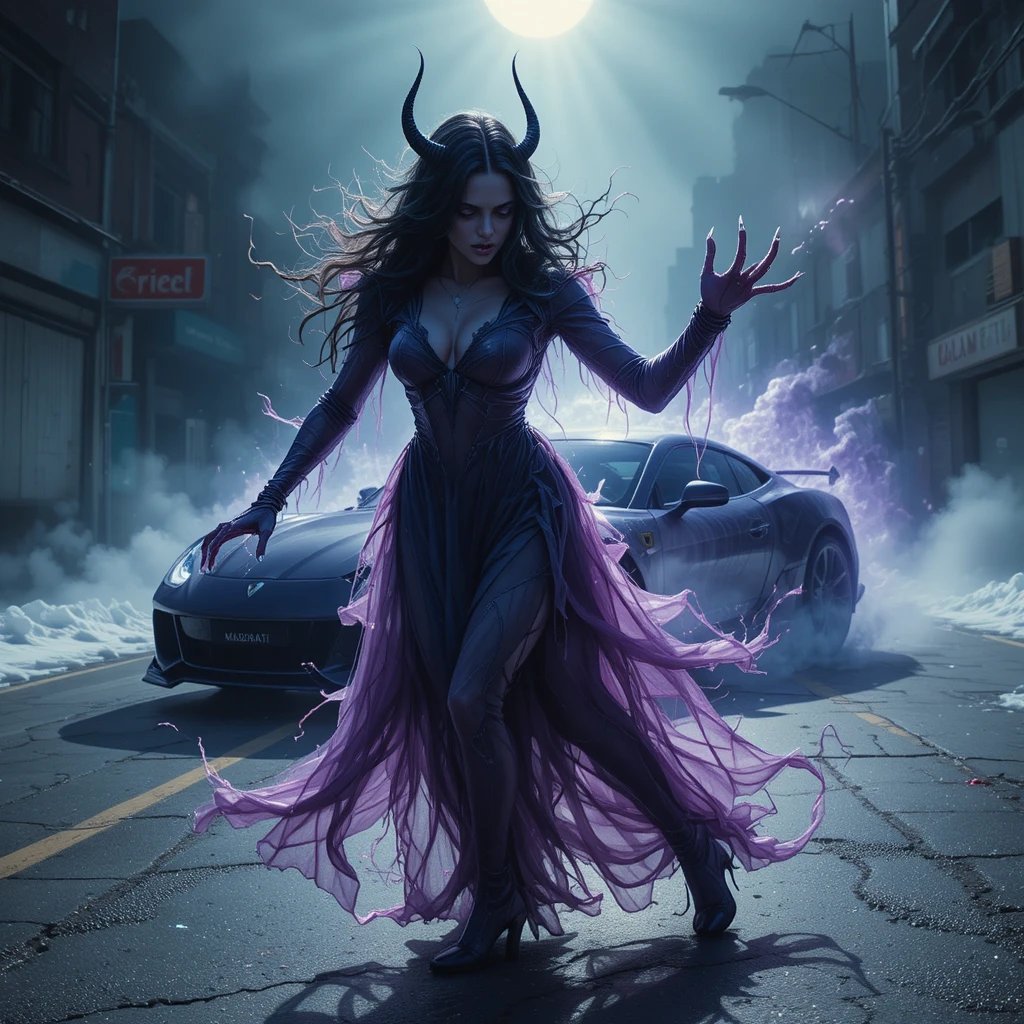 Shadow demon lunging in moonlit urban street scene