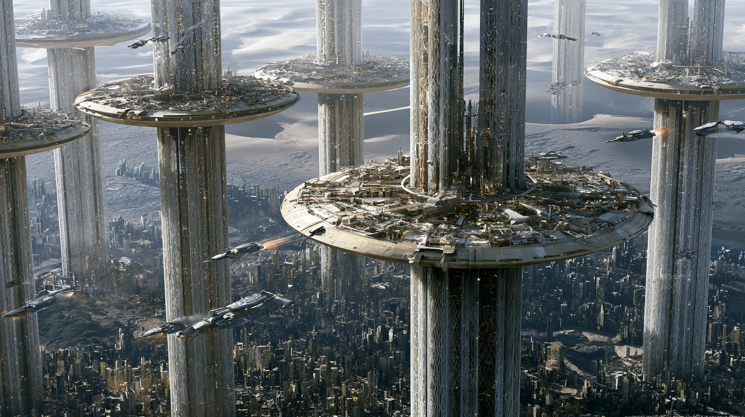 Futuristic cities on towering pillars above a toxic desert