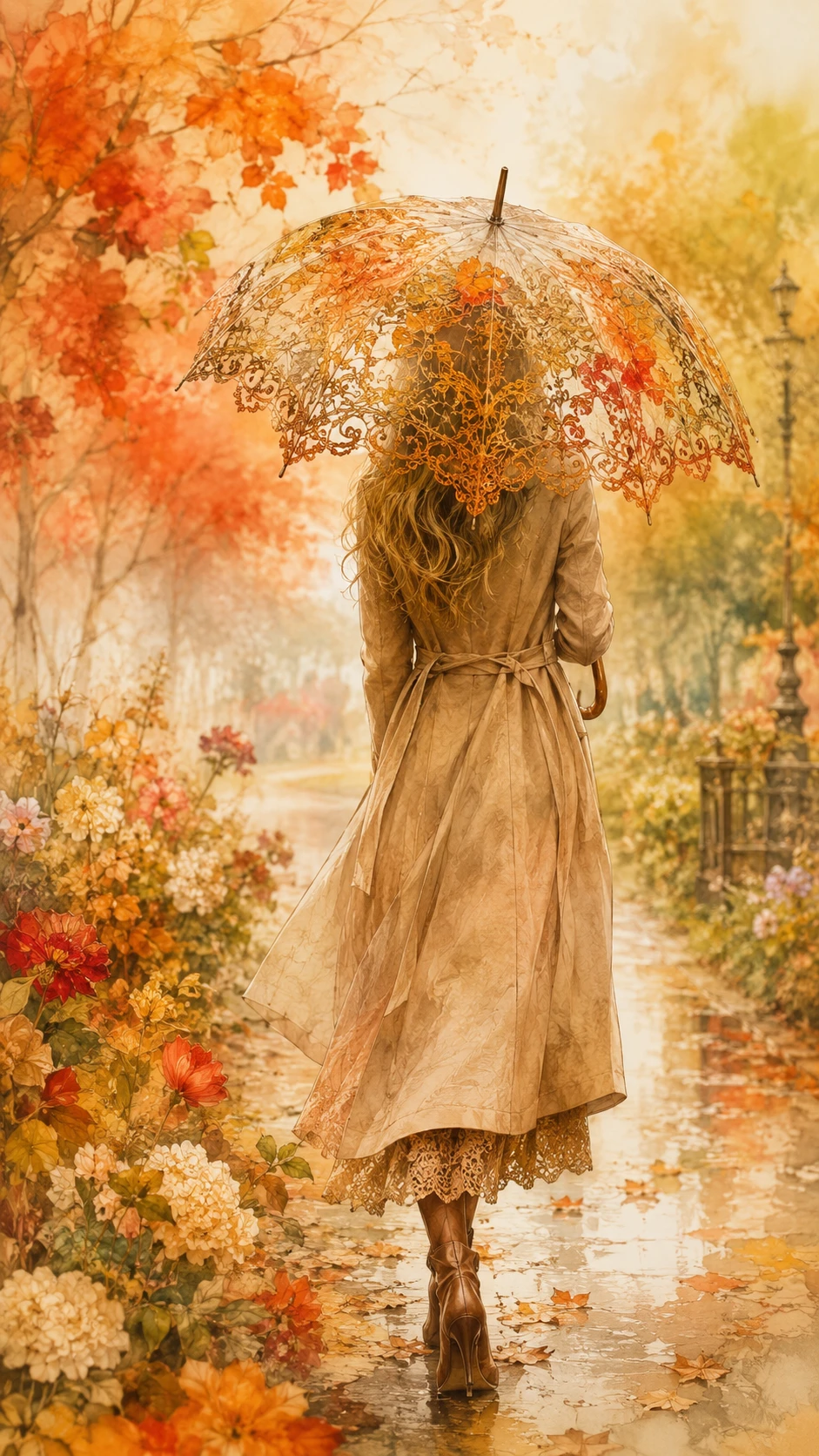 Young woman with lace umbrella in an autumn park