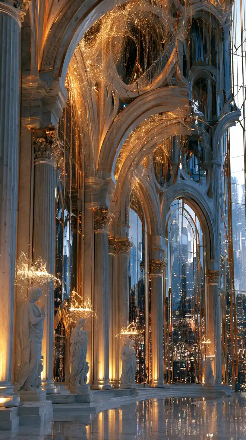 Cyber renaissance marble hall with luminous data crowned statues