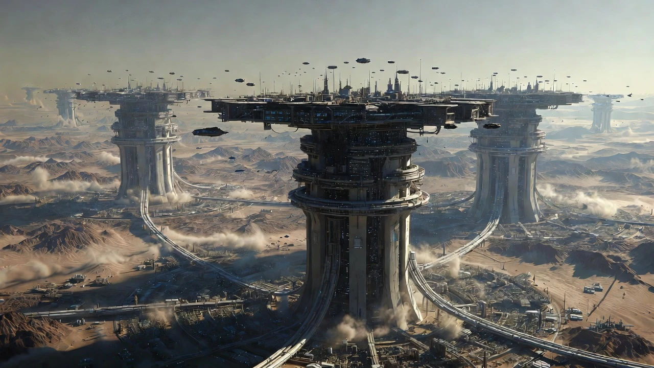 Colossal Futuristic Cities On Pillars Above Toxic Desert