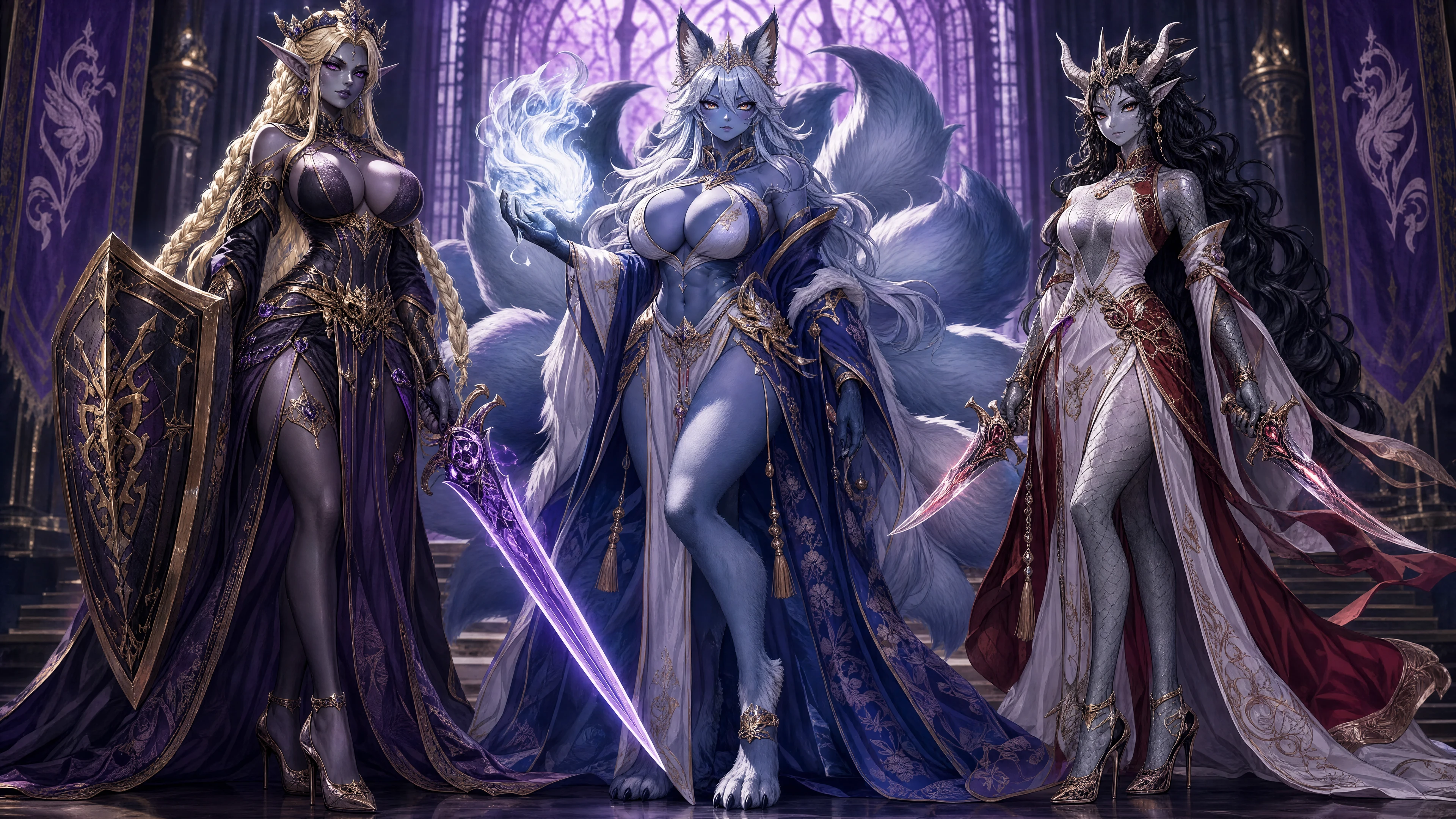 Dark elf queen with golden braids and royal armor