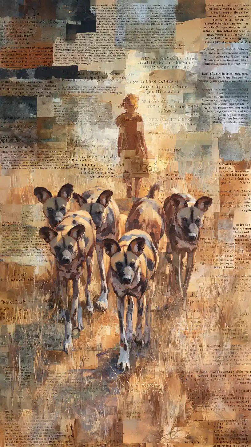 African painted dogs swirling around a central human figure