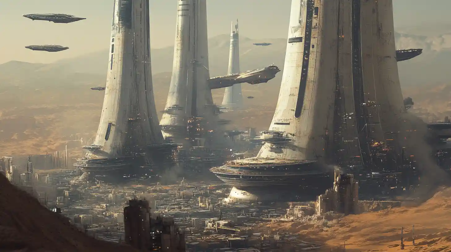 Vast futuristic cities rising on colossal pillars above desert