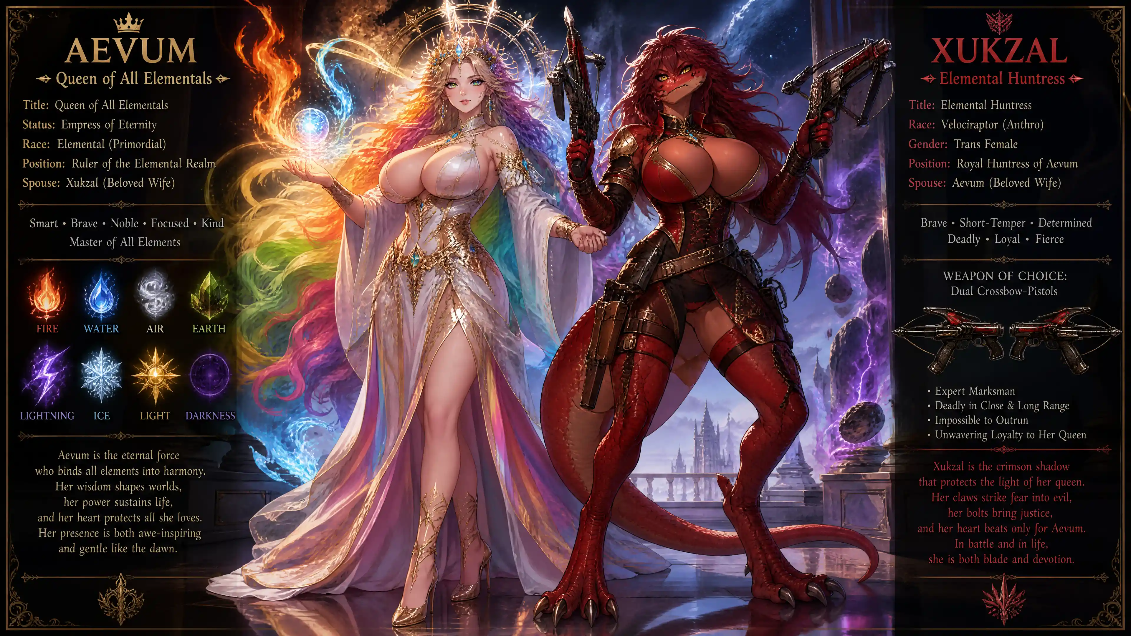 Elemental queen with rainbow hair in royal fantasy gown