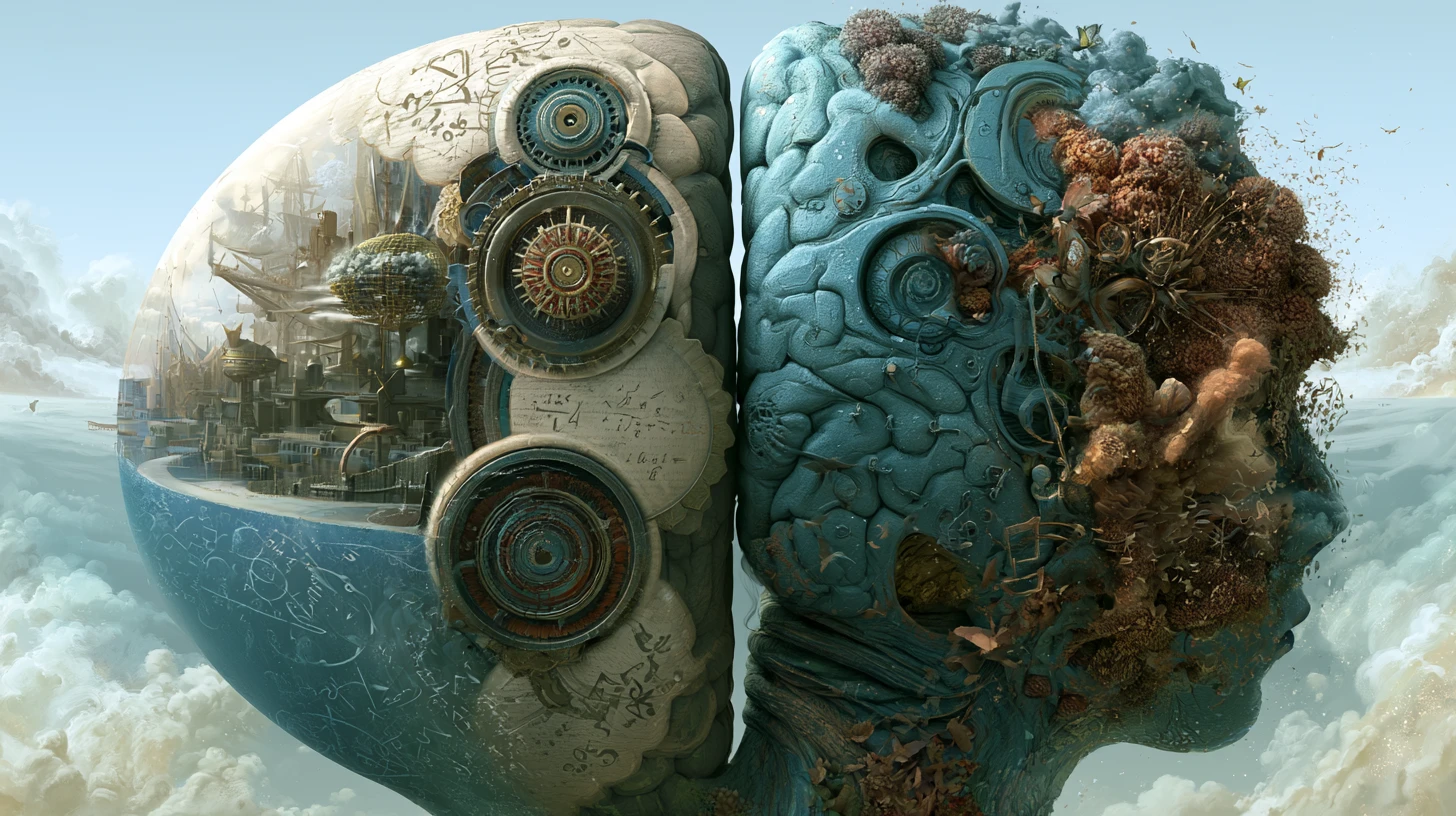 Fantasy brain hemispheres blending science and creativity
