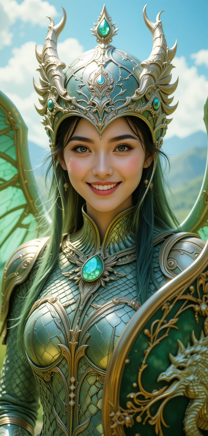 Korean dragonborn warrior woman with radiant green wings