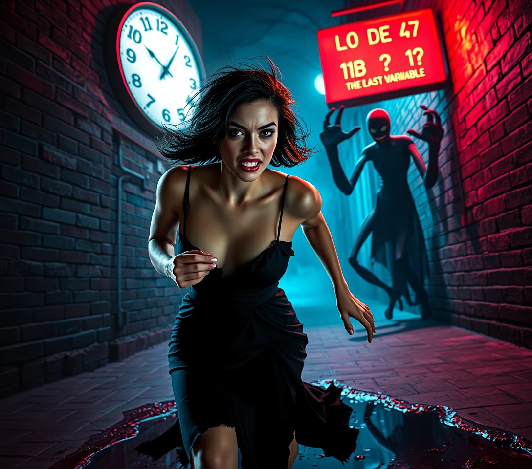 Woman sprinting through surreal neon alley in terror