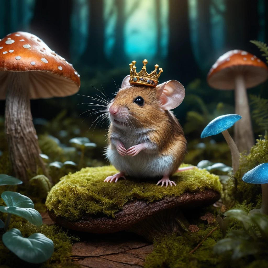 Tiny crowned mouse on glowing mushroom in enchanted forest
