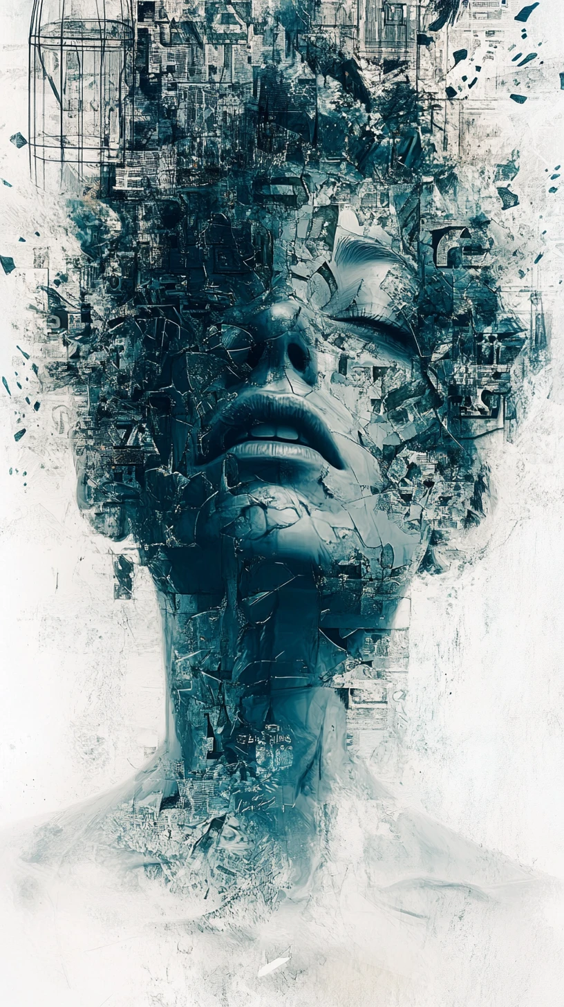 Surreal woman dissolving into fractured abstract glyphs