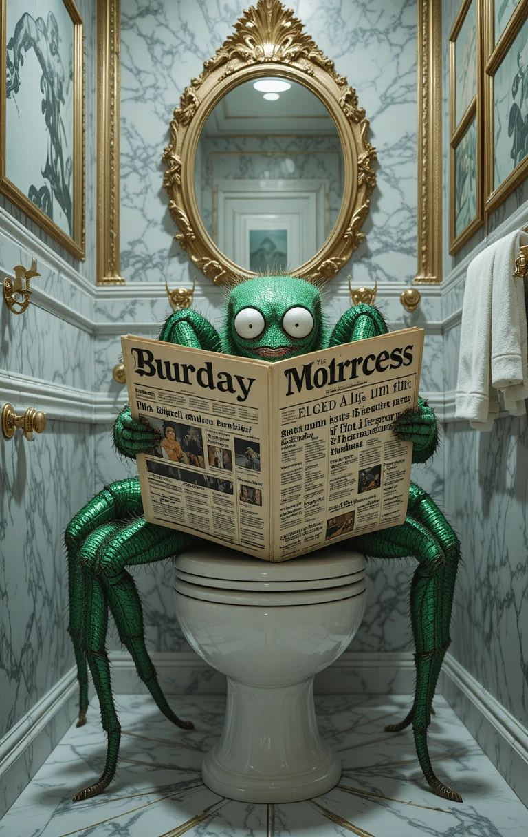 Green cartoon spider reading a newspaper on toilet