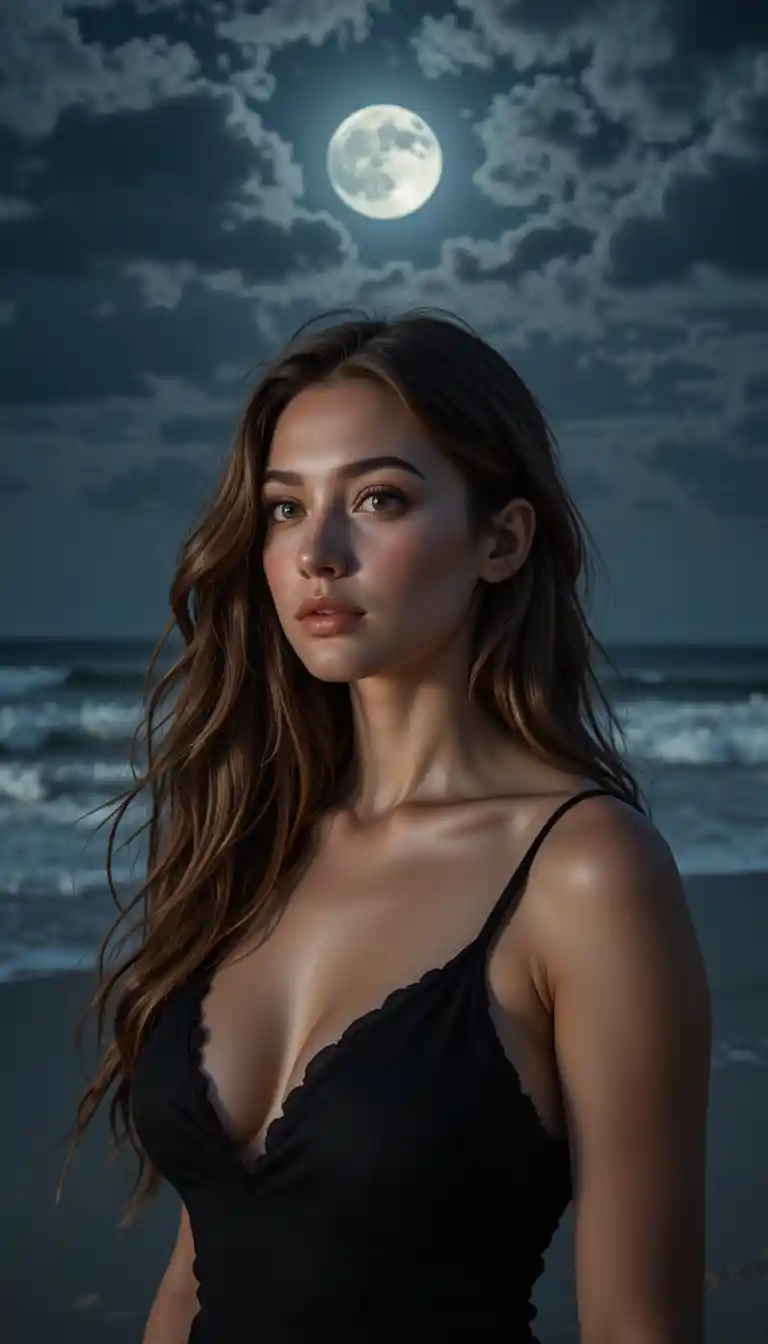 Woman on moonlit beach gazing over shimmering ocean waves