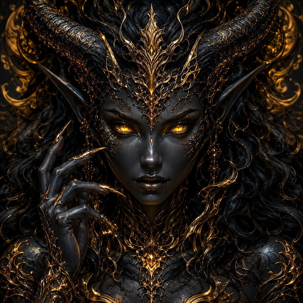 Dark elven demon queen with golden crown and horns