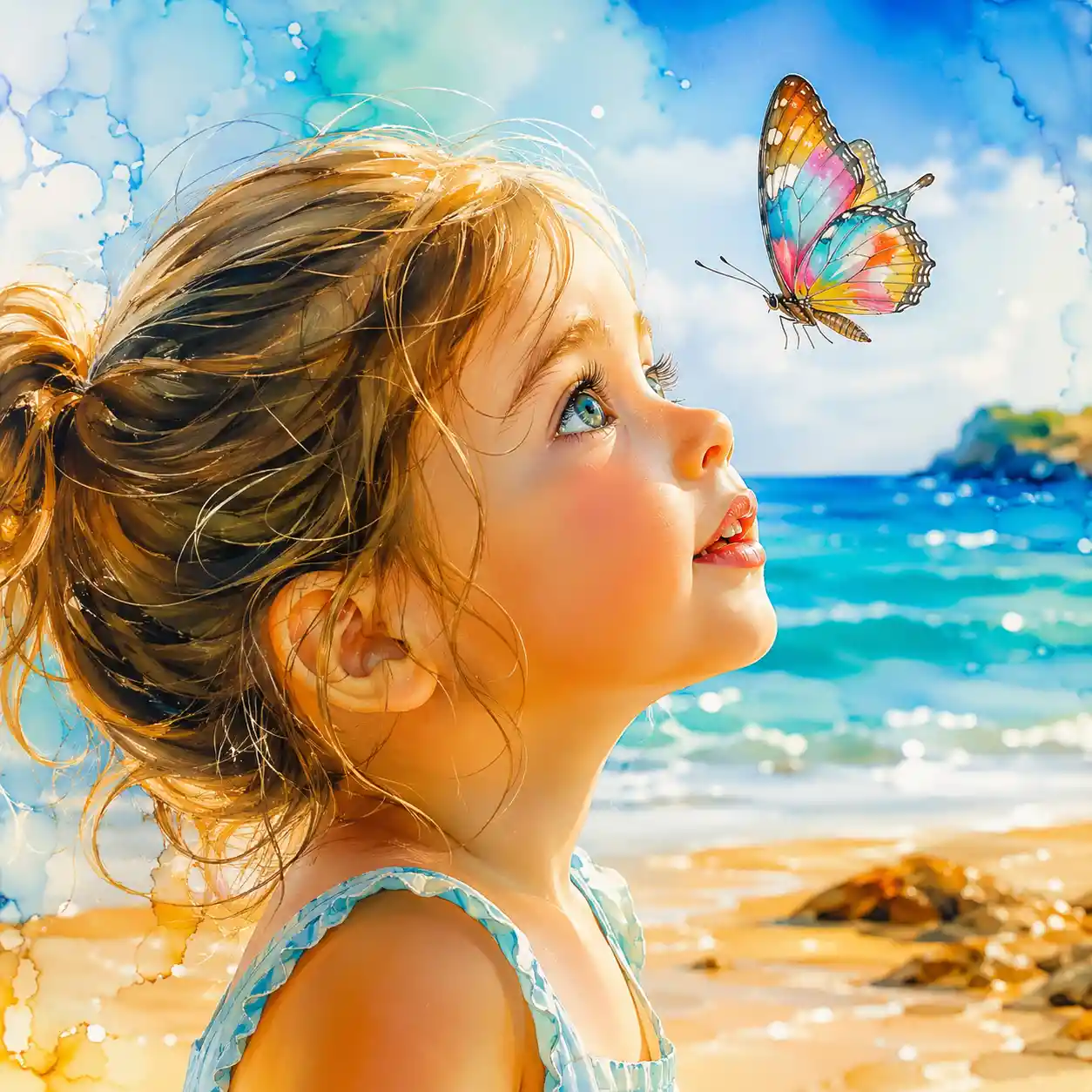 Little girl watching a colorful butterfly on the beach