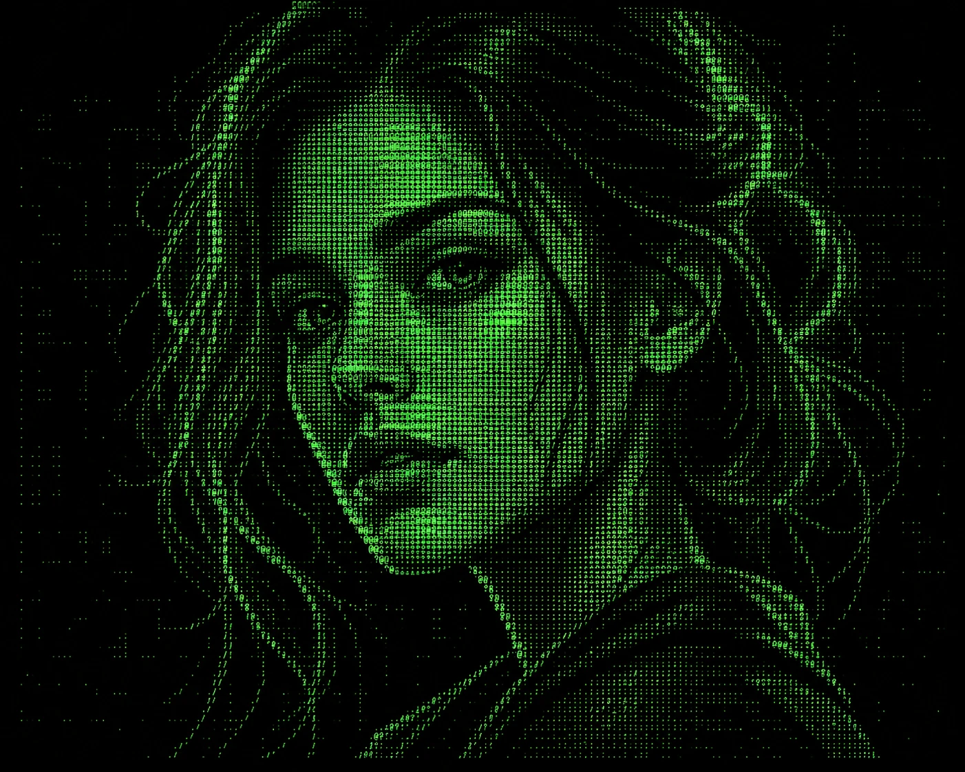 Ascii portrait of a woman with glowing green text