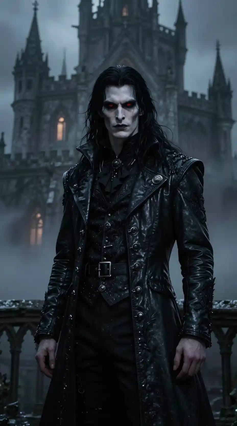 Dark vampire before a looming gothic castle at night
