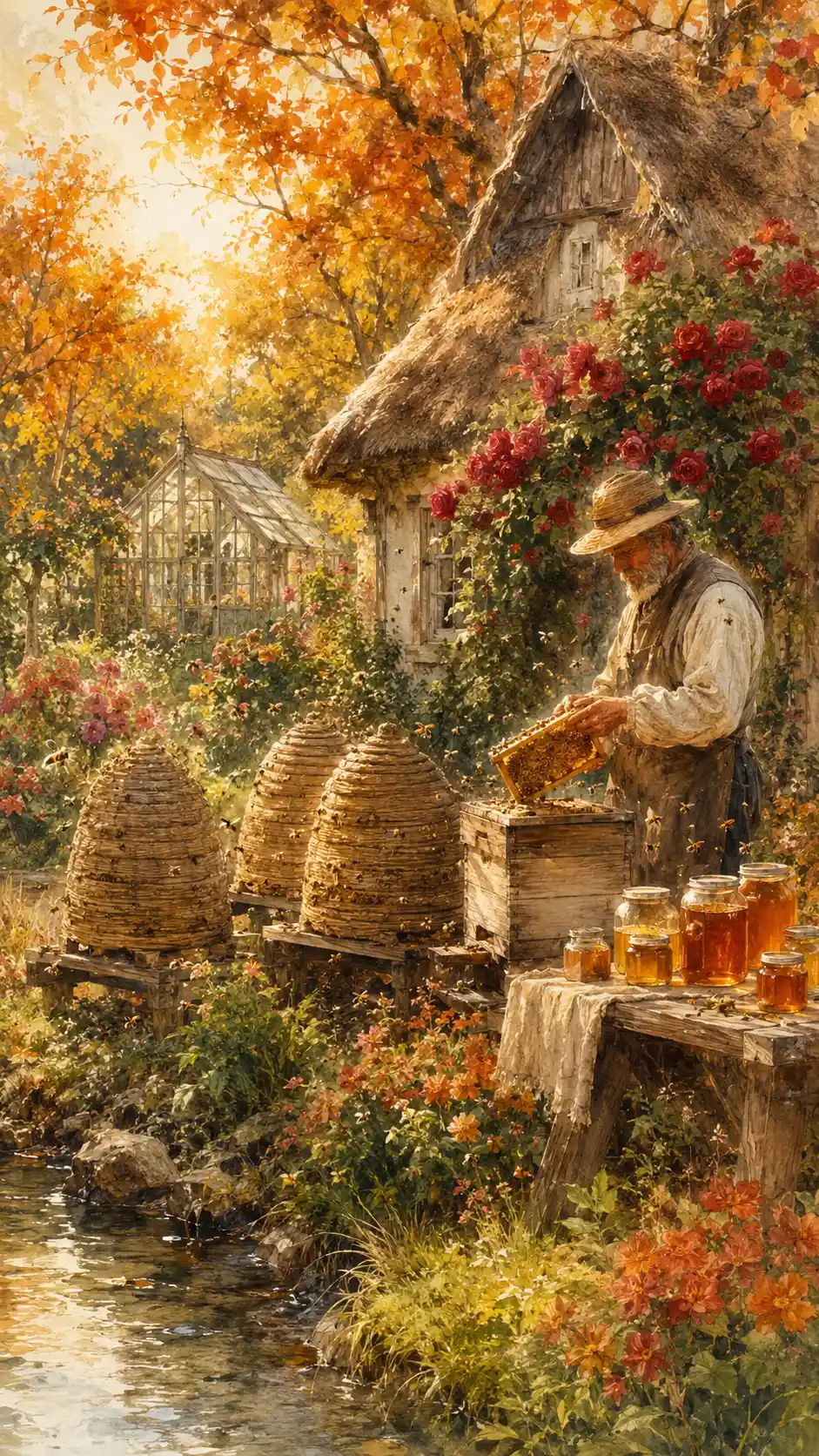 Peaceful autumn farm garden with beehives and sunlight