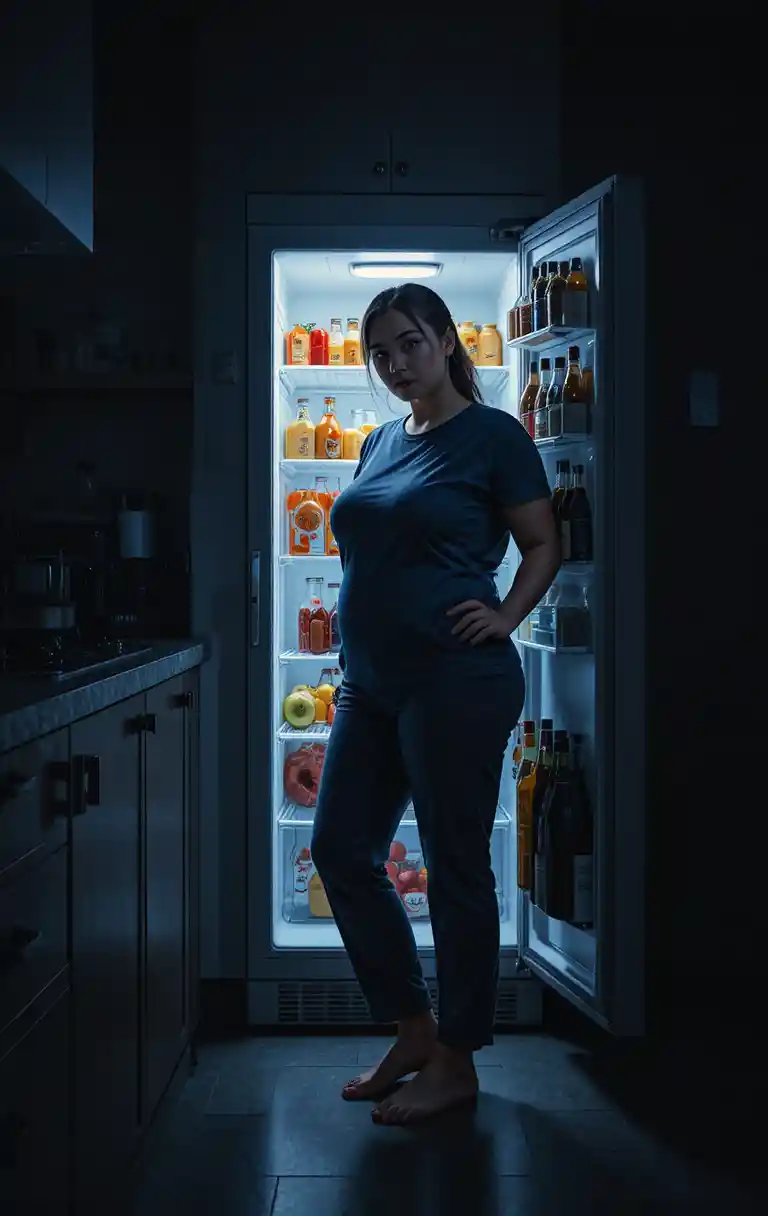 Man in dark kitchen lit only by open refrigerator