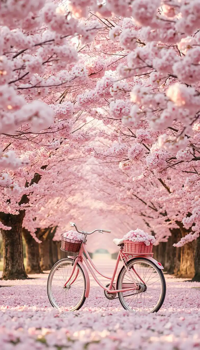 Cherry Blossom Avenue With Bicycle Under Blooming Trees