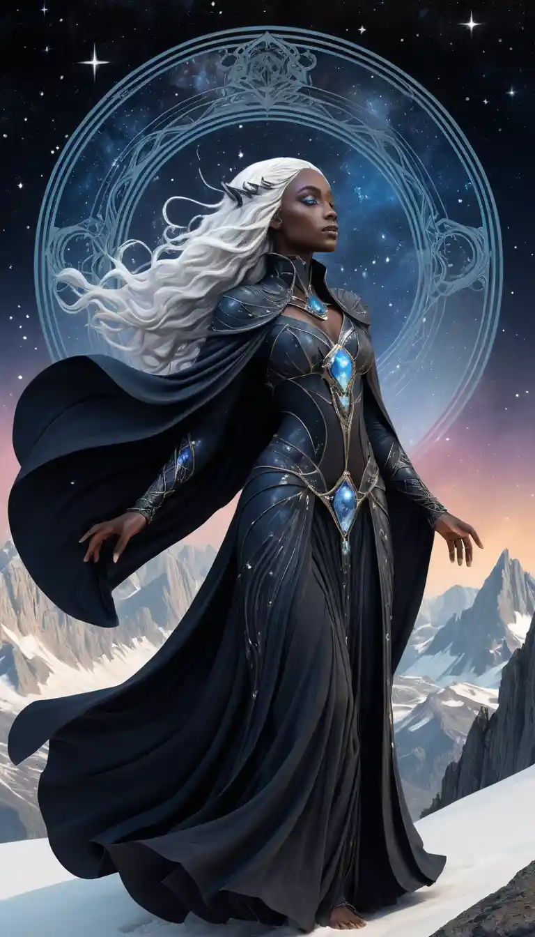 Drow sorceress on a crystalline peak under cosmic skies