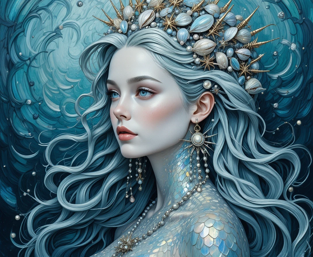 Ethereal mermaid goddess portrait with shimmering pearlescent scales