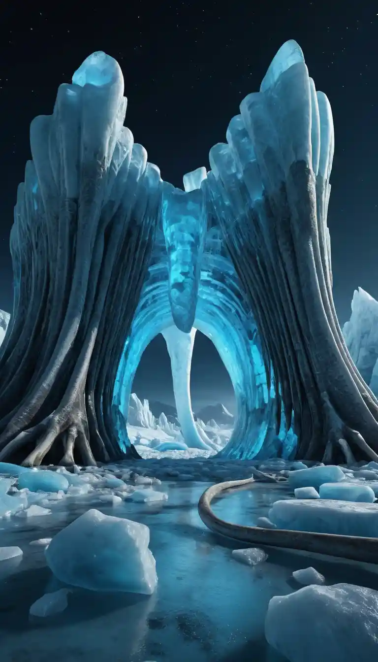 Ancient glacier at night with mammoth bones in blue ice