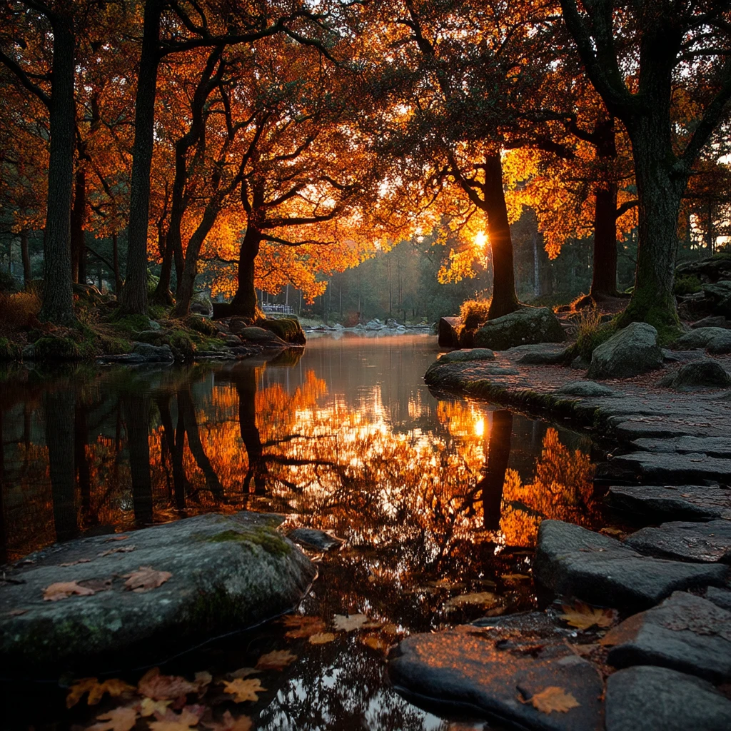 Autumn forest lake reflecting fiery foliage in still water