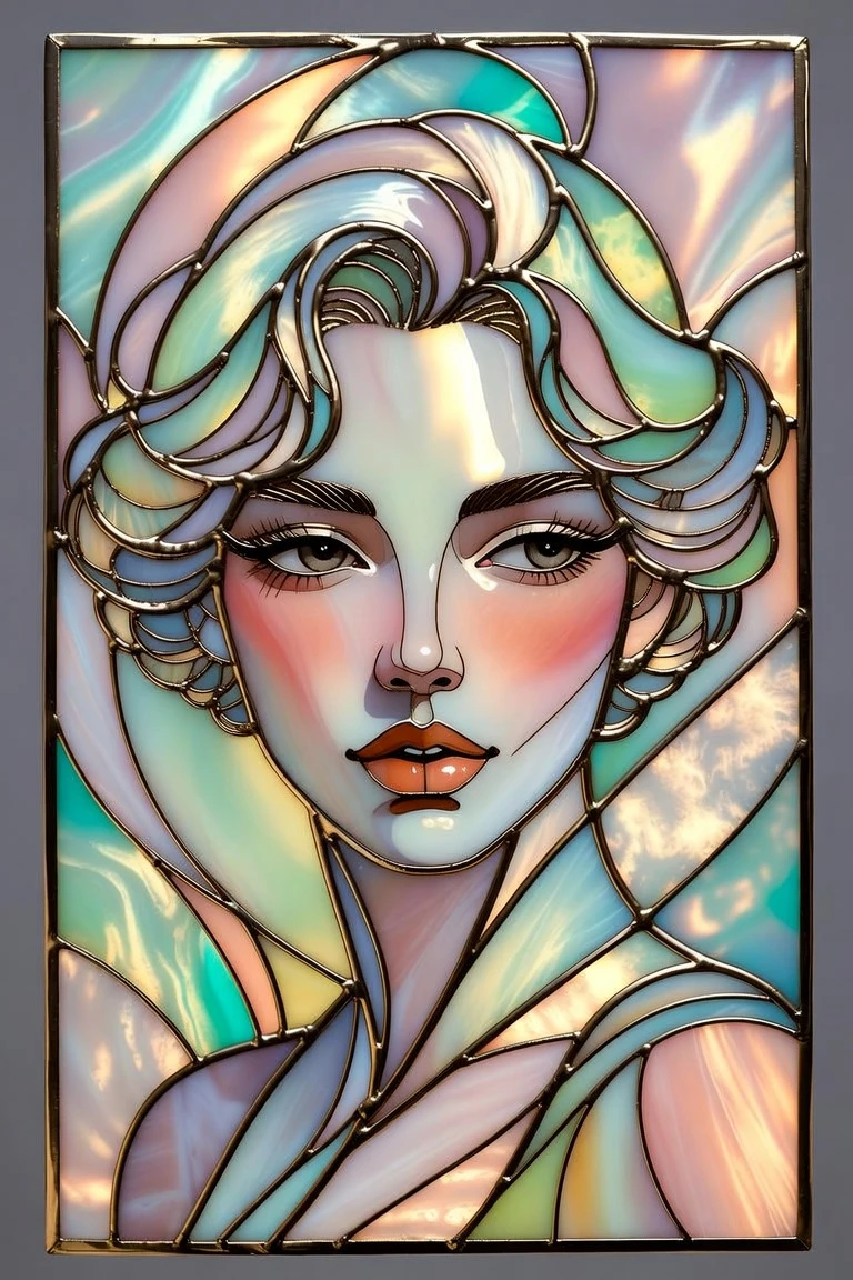 Stained glass portrait of a mysterious woman in soft pastels