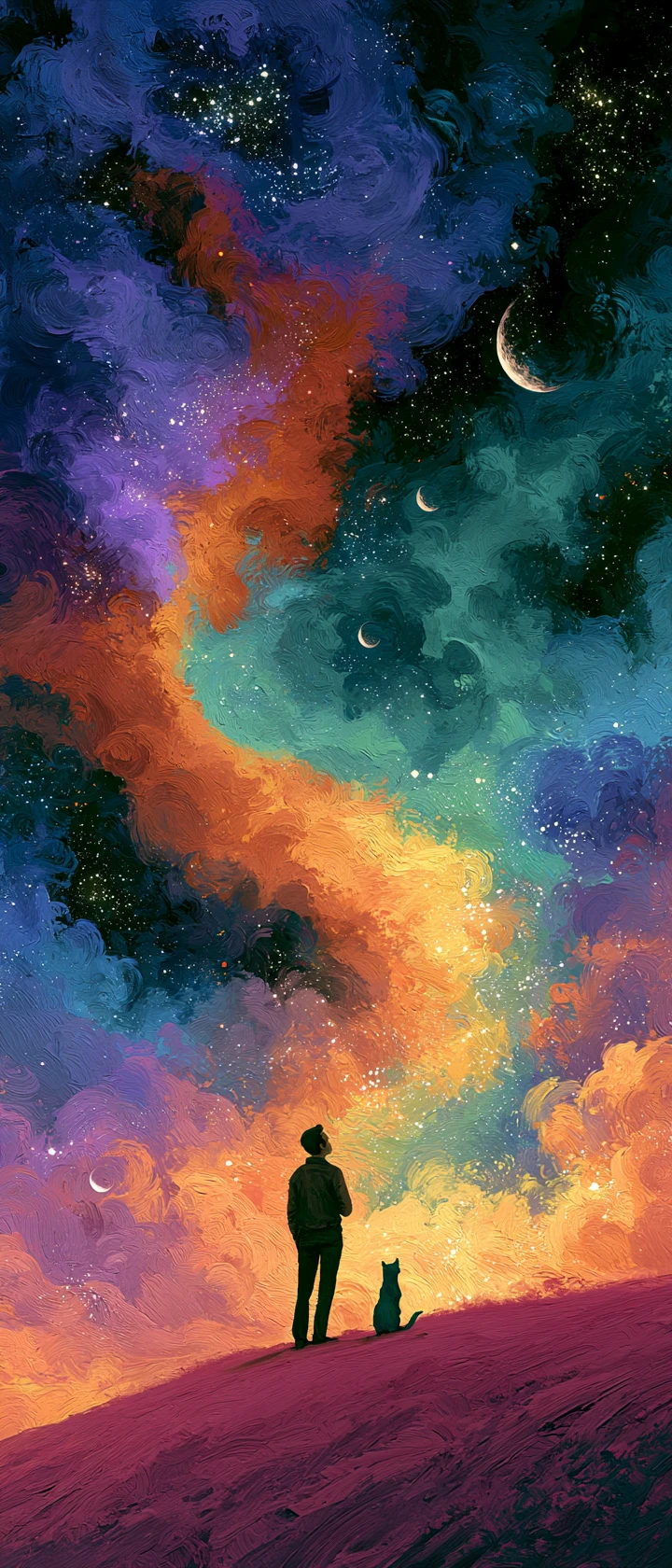 Man And Cat On Hilltop Facing Surreal Cosmic Sky