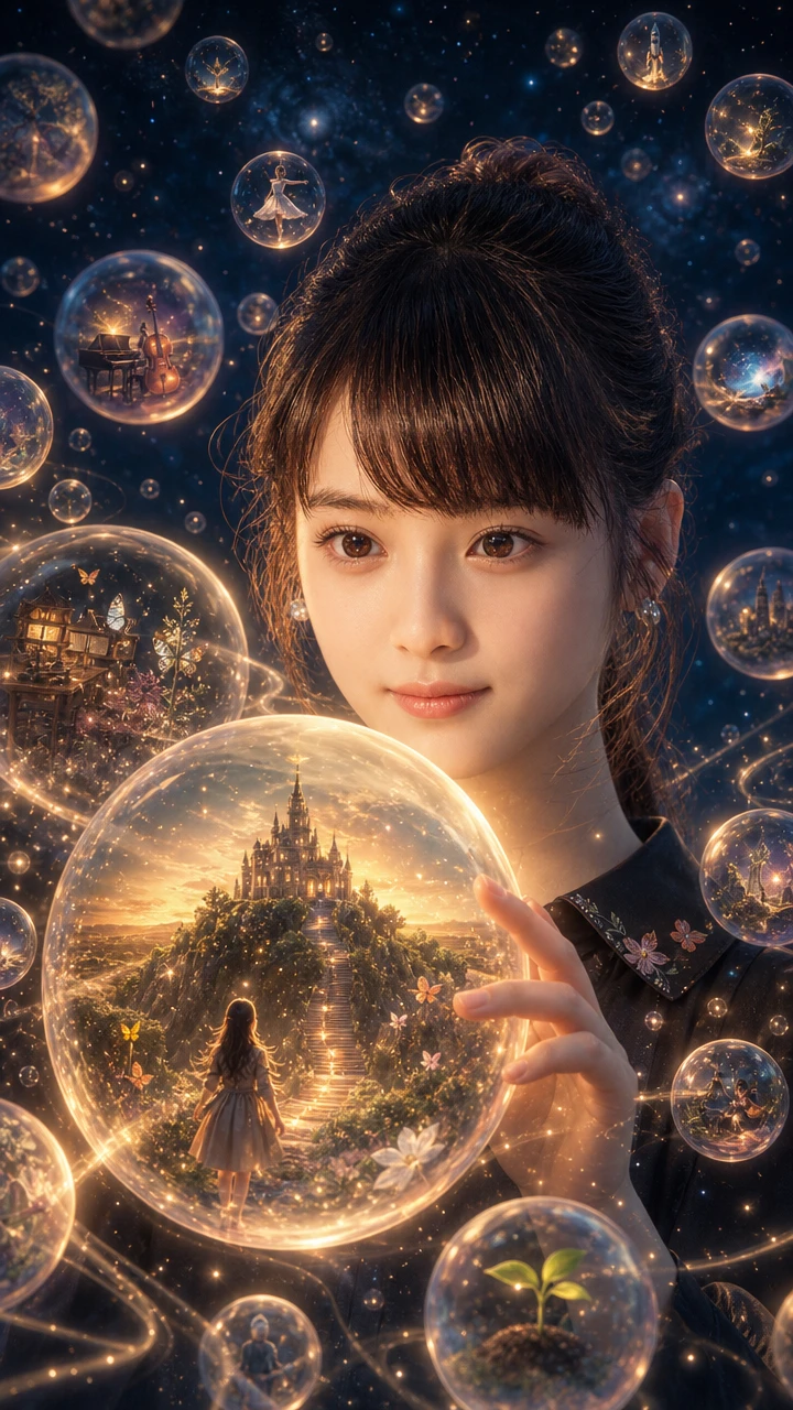Woman touching glowing bubble filled with dreamlike worlds
