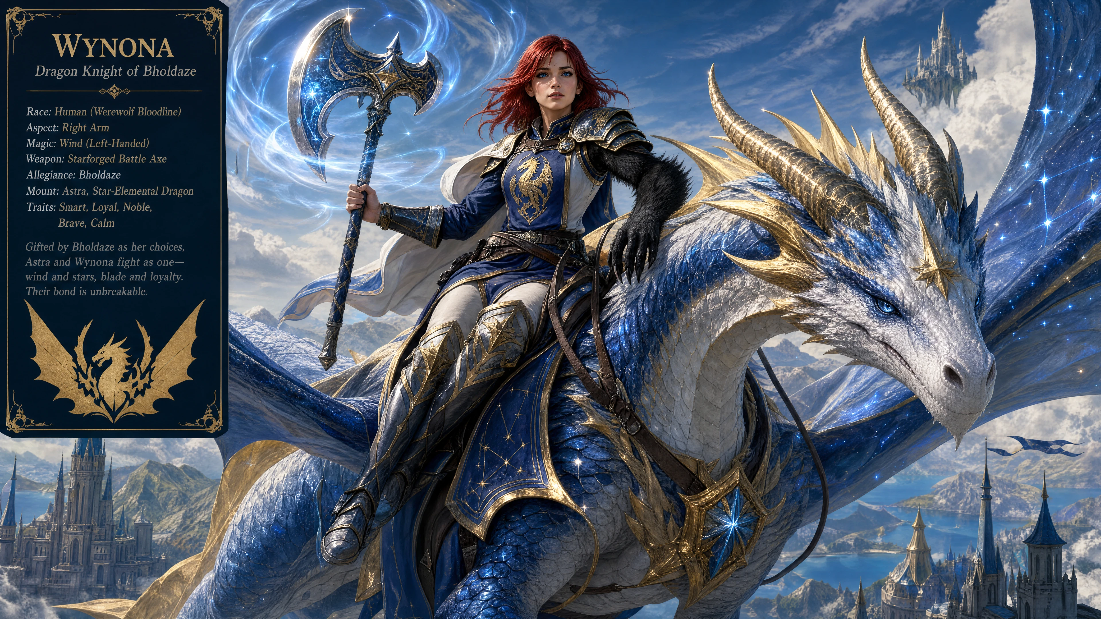 Brave woman knight riding a celestial dragon in flight