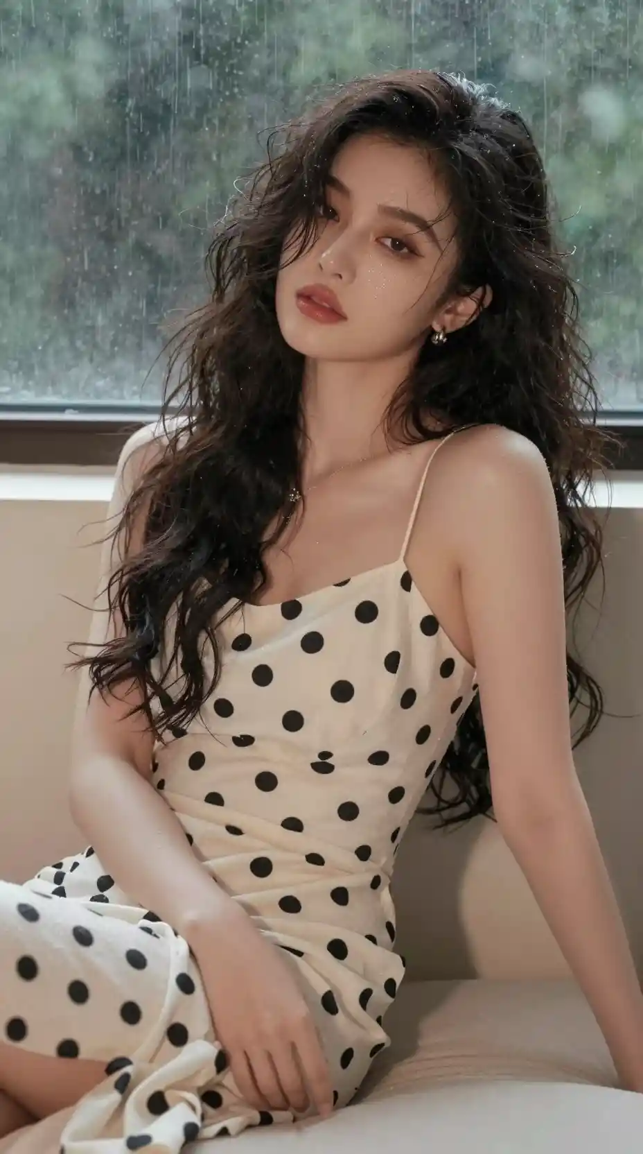 Glamorous woman in polka dot dress on a dreamy rainy day
