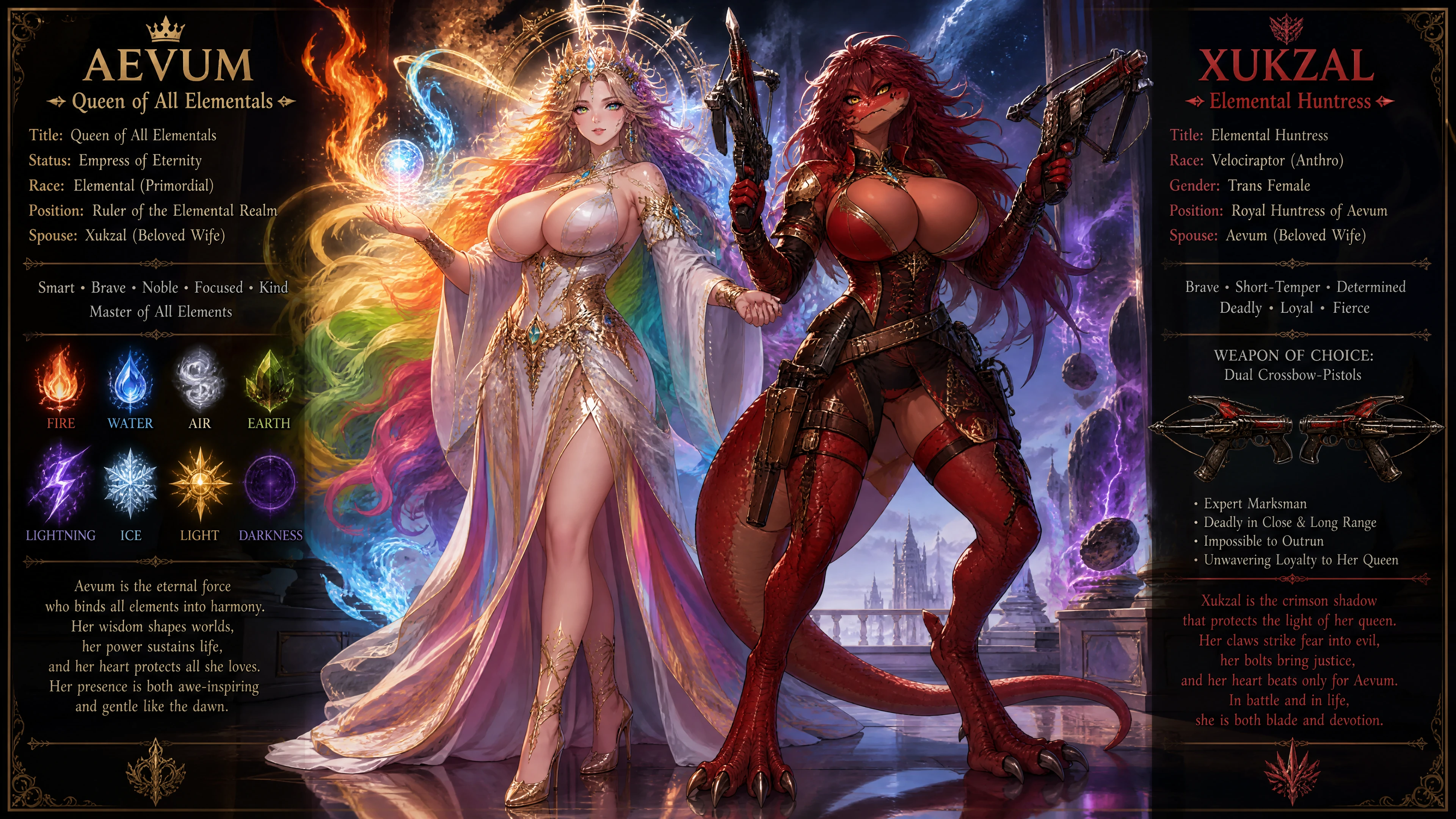 Elemental queen with rainbow hair in royal fantasy gown