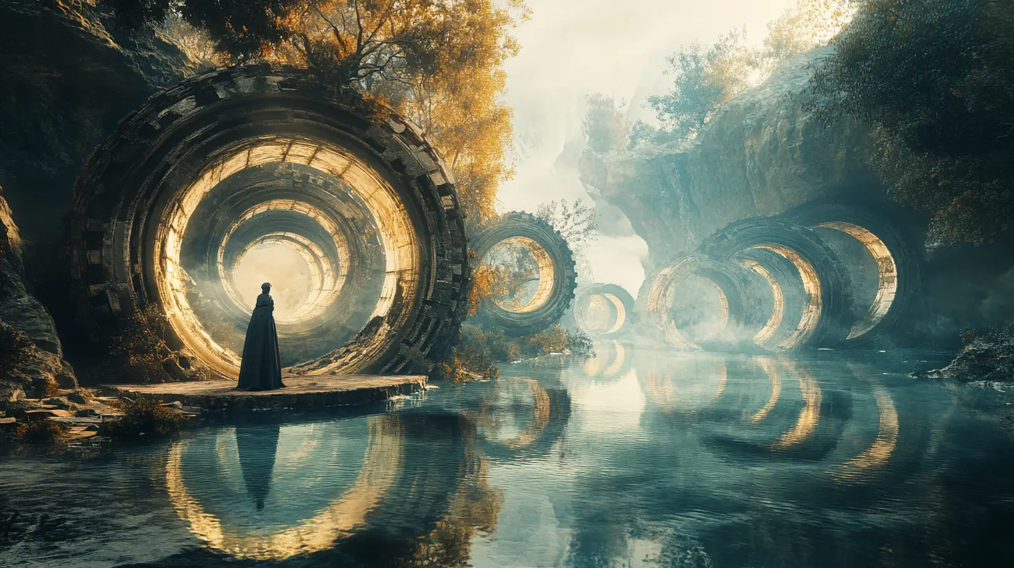 Mystical ferryman on surreal clockwork riverbank