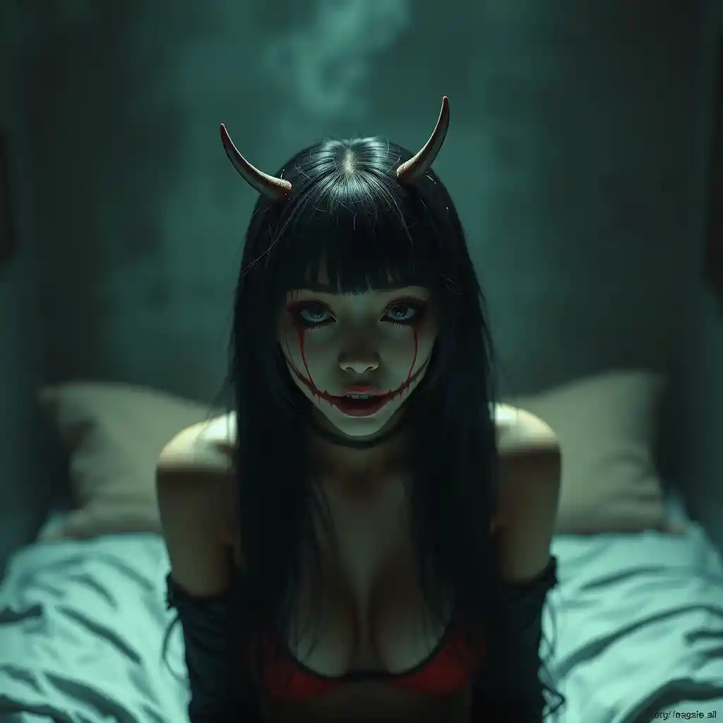 Surreal anime woman in eerie yet playful horror scene