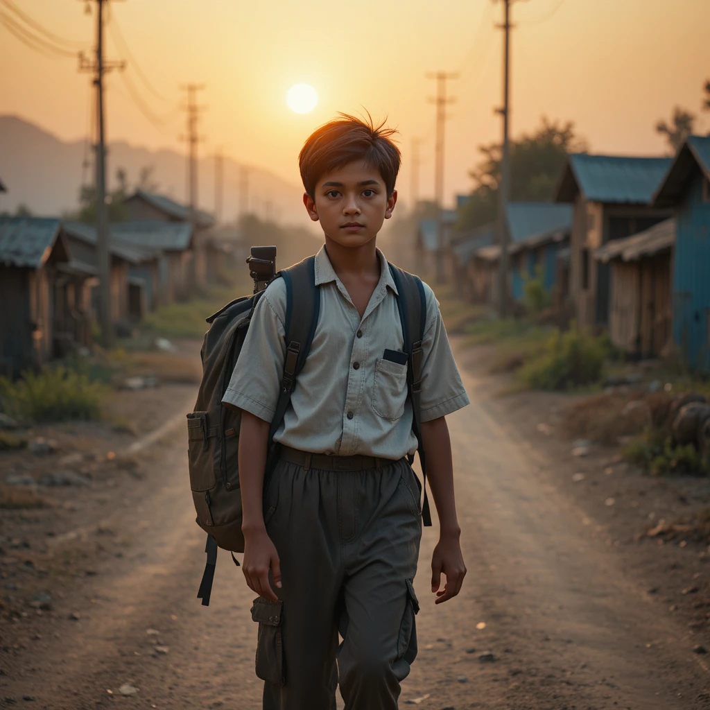 Poor schoolboy walking alone on a dusty village road