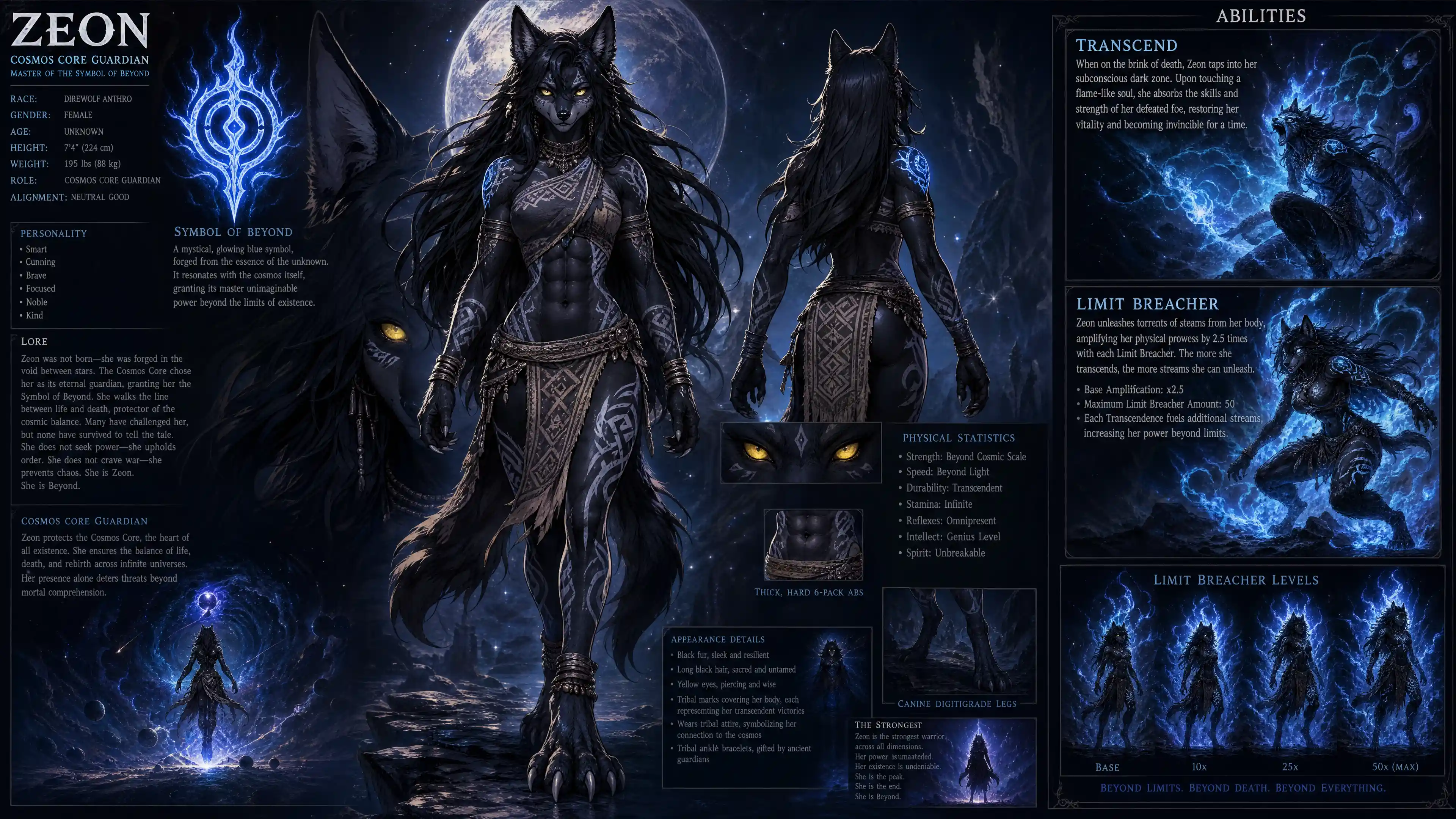 Anthro direwolf warrior woman with glowing mystical symbol