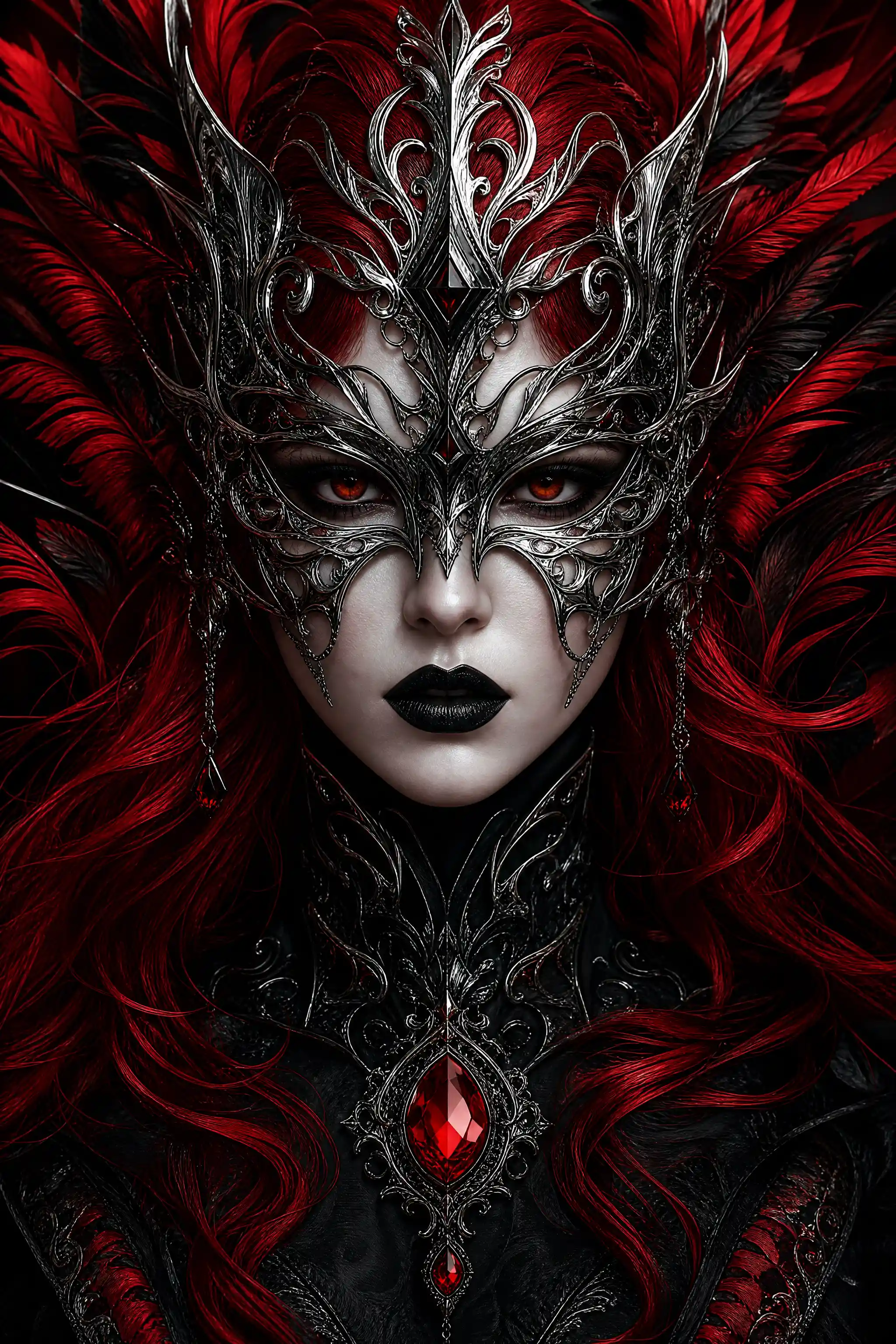 Masked red haired fantasy woman with glowing chest gem