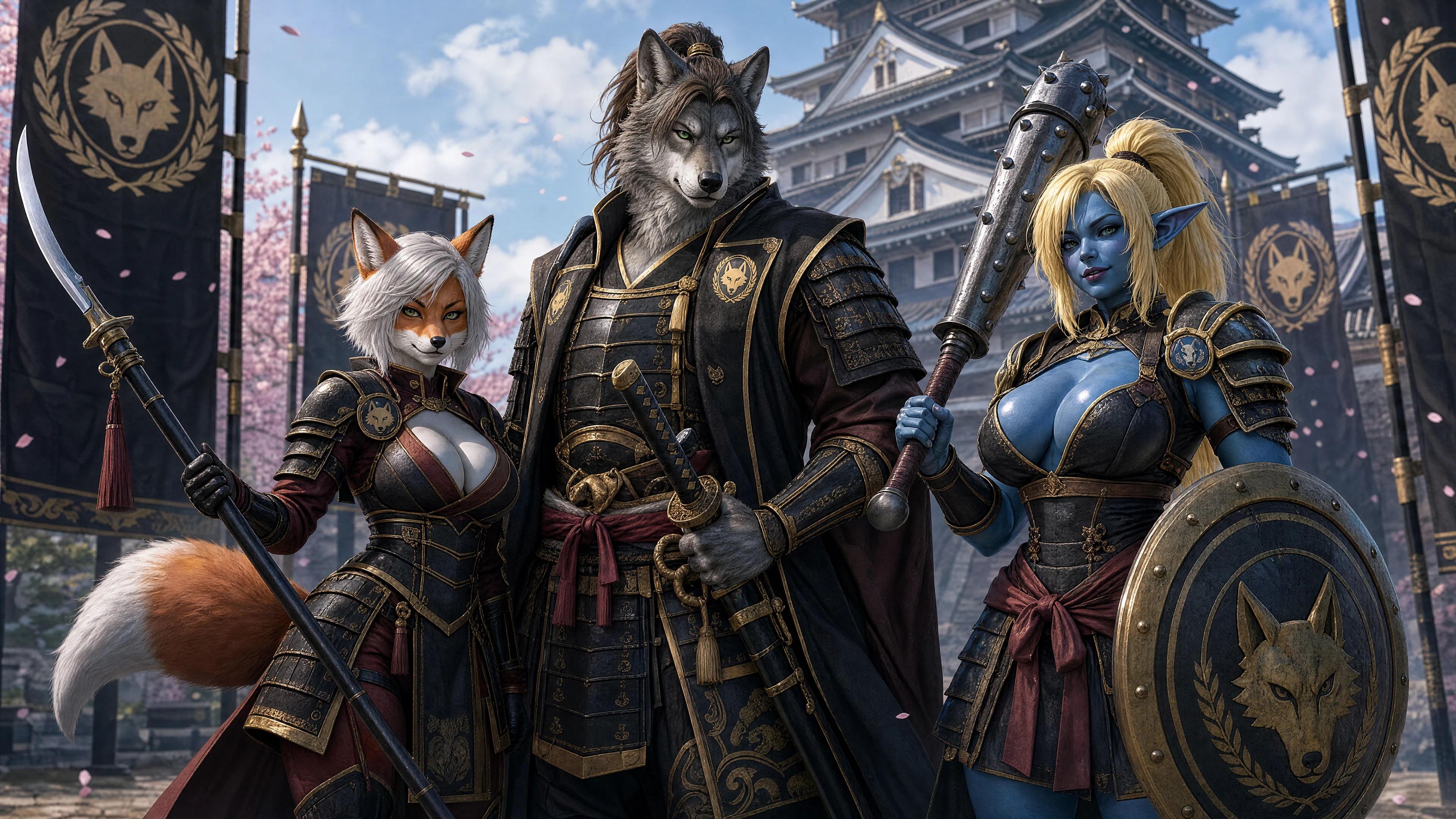 Noble wolf samurai king in ornate royal armor