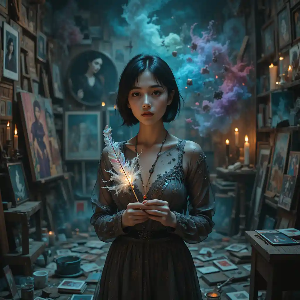 Young woman with glowing feather in moody artist studio