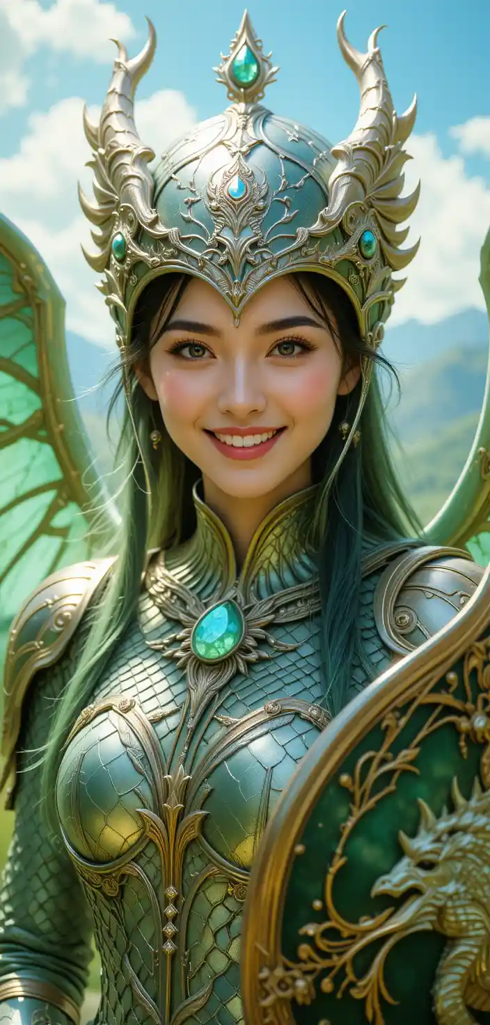 Korean dragonborn warrior woman with radiant green wings